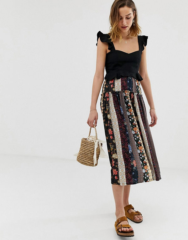 ASOS DESIGN Prairie midikjol med blandat scarfmönster Mixat scarfmönster