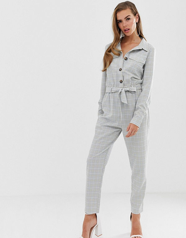 PrettyLittleThing Grårutig jumpsuit med skärp Grå