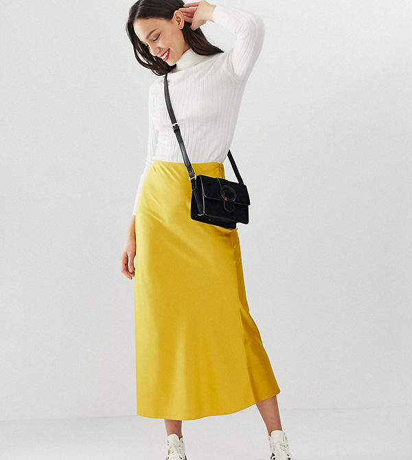 Asos Tall Snedskuren midikjol i satin Ockra