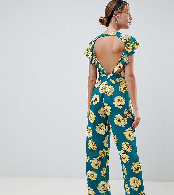 ASOS Petite Blommig jumpsuit med volangärm och öppen rygg