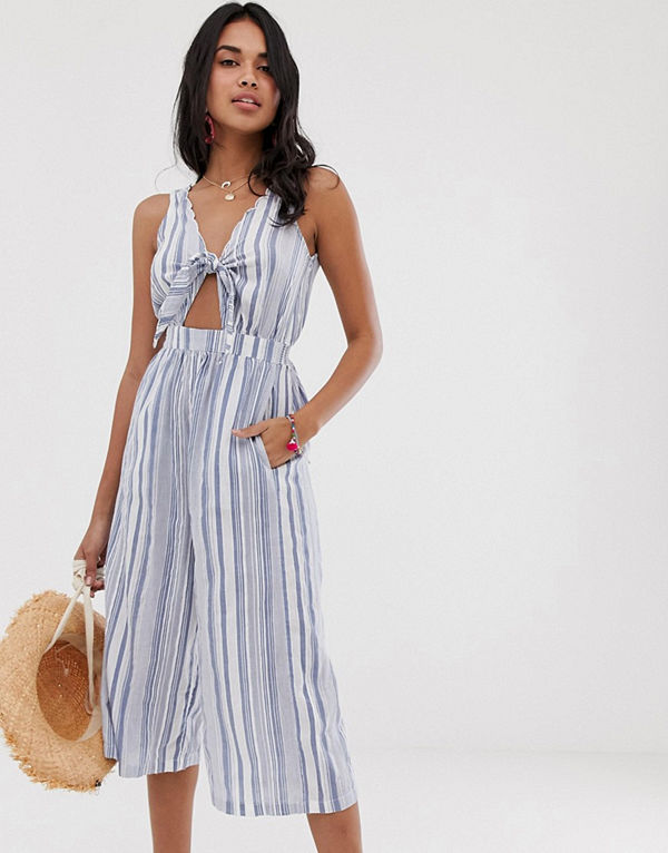 Accessorize Randig strandjumpsuit med uddkant och knytning framtill