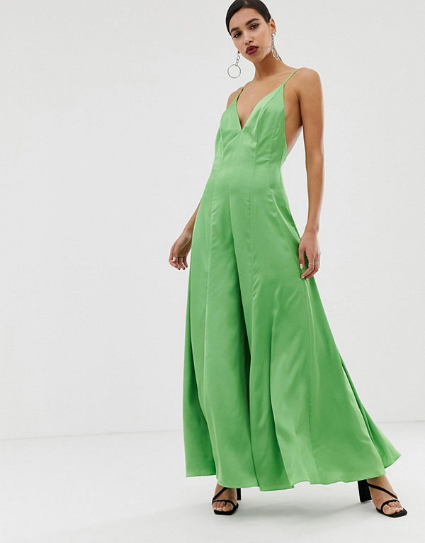 ASOS Edition Urringad jumpsuit i satin med smala axelband och vida ben