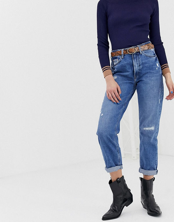 River Island Mellanblå mom jeans med revor Mid auth