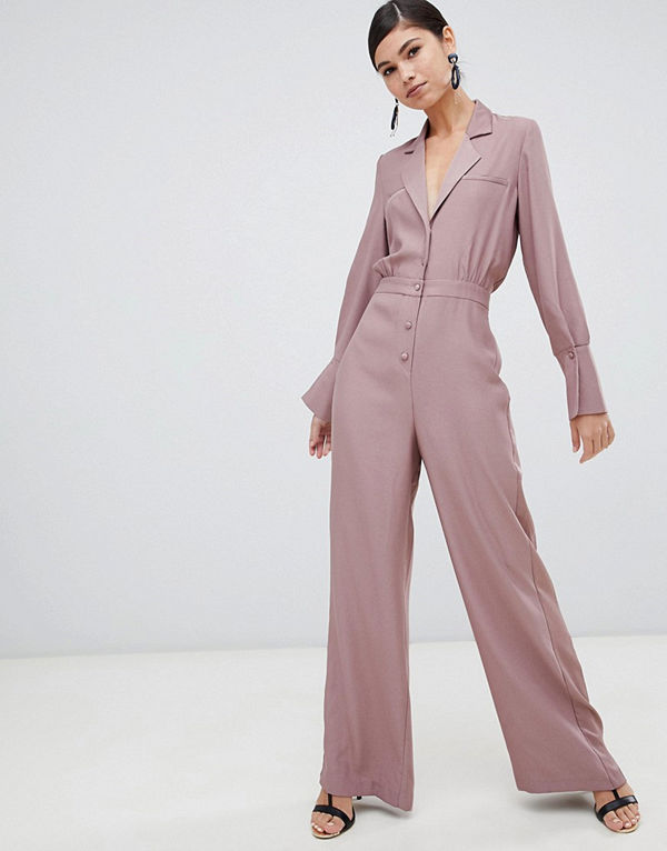 ASOS DESIGN Minimal smoking-jumpsuit med vida ben och satängdetalj Gammelrosa