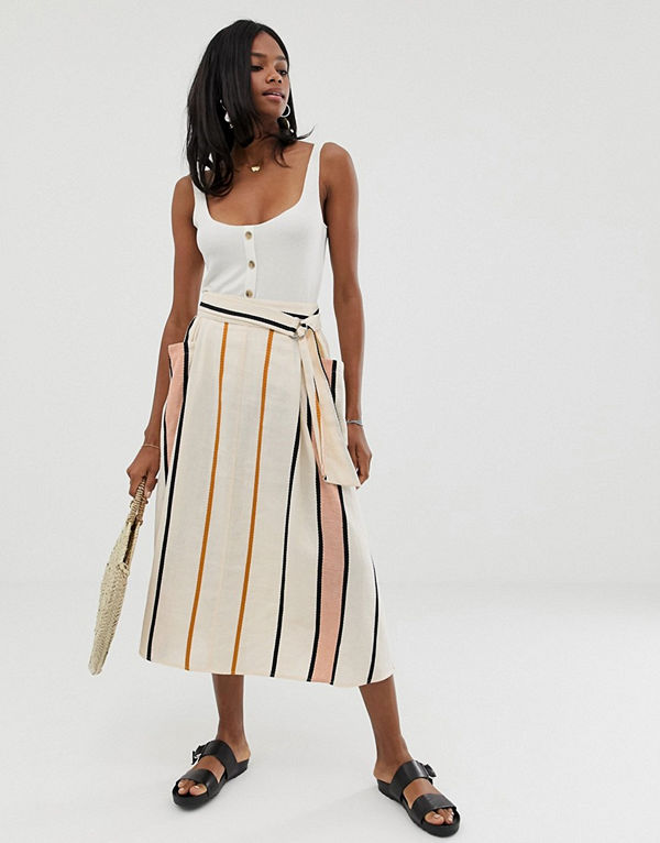 ASOS DESIGN Randig midikjol med fickor och skärp med d-ring