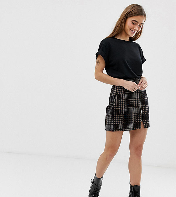 ASOS Petite Brunrutig minikjol med ponte och dragkedja framtill Brunrutigt