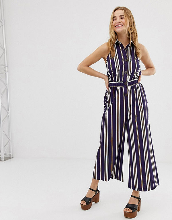 ASOS DESIGN Randig jumpsuit i culotte-modell med krage och knäppning framtill Rand