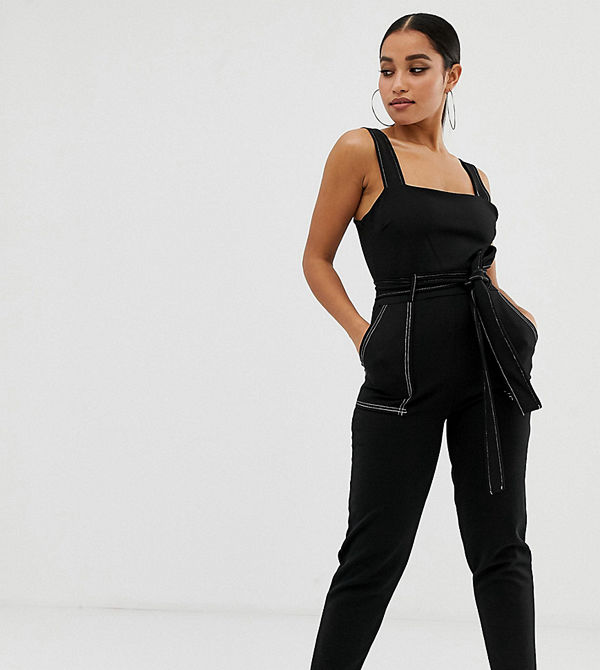 Boohoo Petite Exclusive Svart jumpsuit med kontrasterande söm