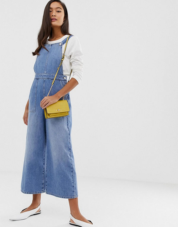 Miss Selfridge Ankellånga hängselbyxor med vida ben i denim