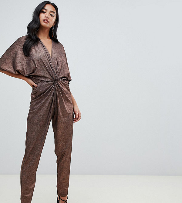 John Zack Petite Kopparfärgad jumpsuit med knut framtill