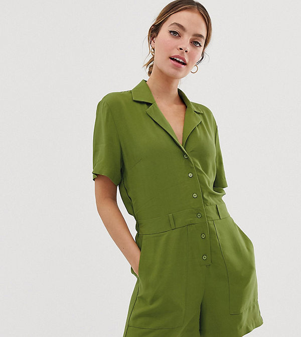 ASOS Petite Playsuit med kort ärm Kakifärgad