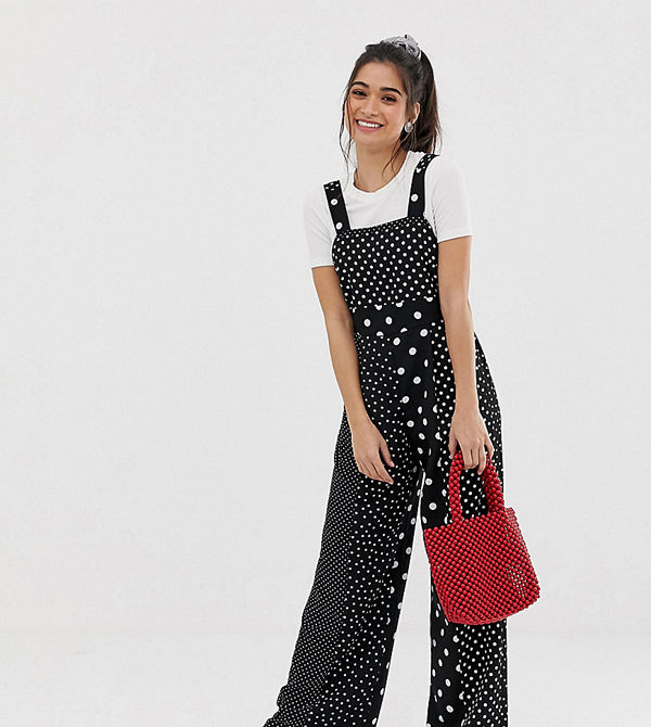Miss Selfridge Petite Prickig jumpsuit i förklädesmodell Blkwht