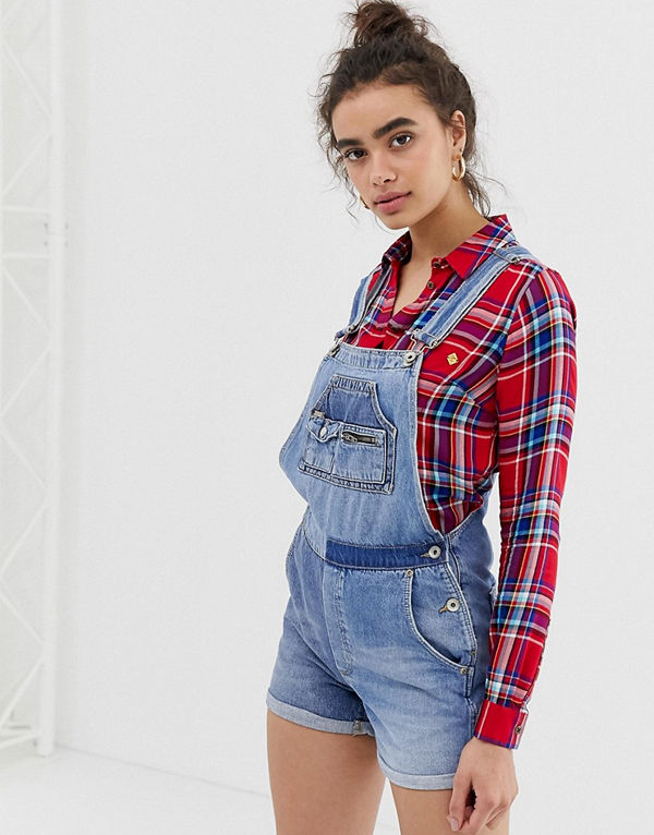 Superdry Korta hängselbyxor i jeans Duet blue