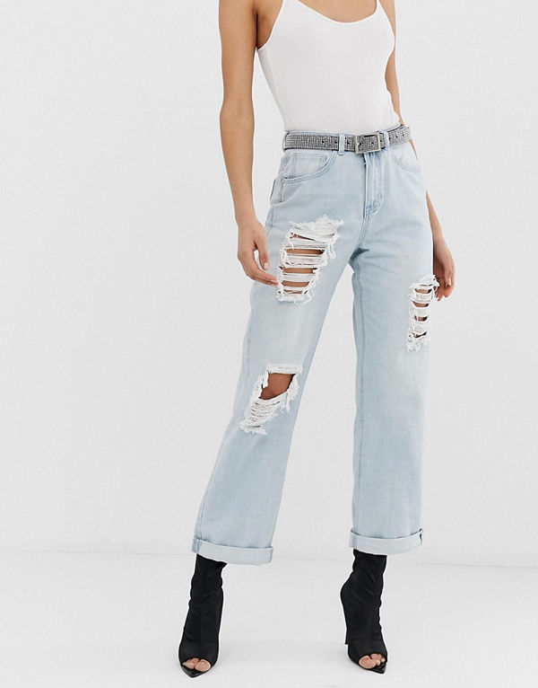 Missguided Ljusblå boyfriendjeans med slitningar Ljus vintagetvätt