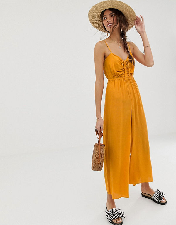 ASOS DESIGN Jumpsuit med rynkat liv Mustard senapsgul