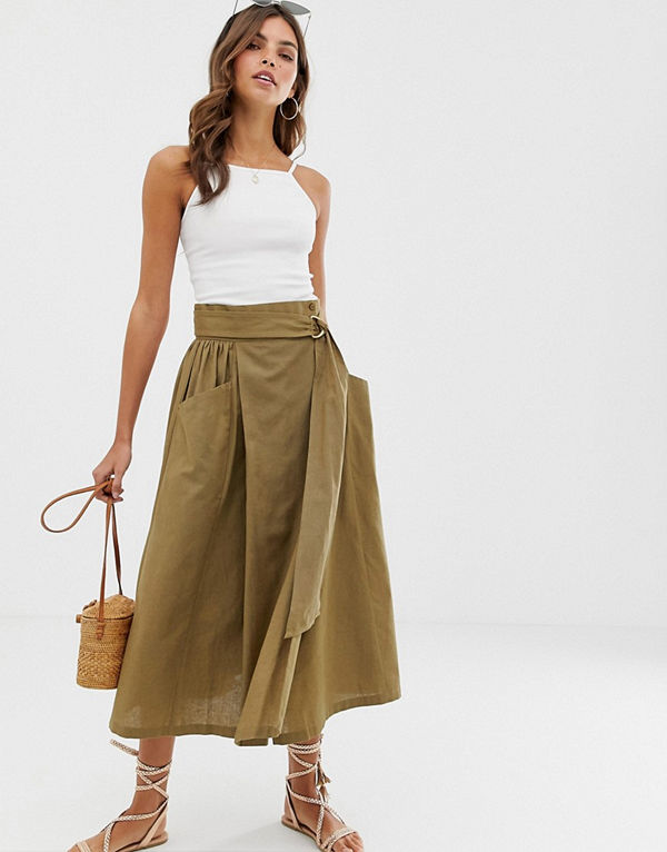 ASOS DESIGN Midilång omlottkjol med D-ring och fickor Kakifärgad