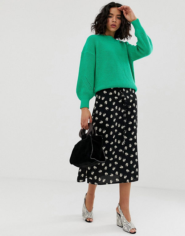 Vero Moda Blommig midikjol med snörning Flerfärgad