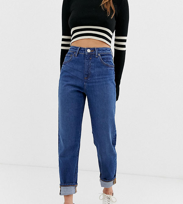 ASOS Petite Recycled Farleigh Mörktvättade slim mom jeans med hög midja Mörkblå