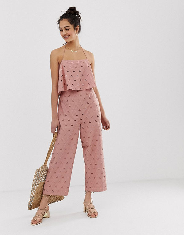 ASOS DESIGN Jumpsuit med kort liv med broderi Gammelrosa