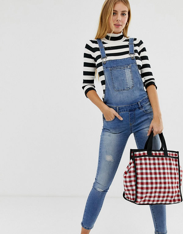 Only Kim Witty Slitna hängselbyxor i denim Jeansblå