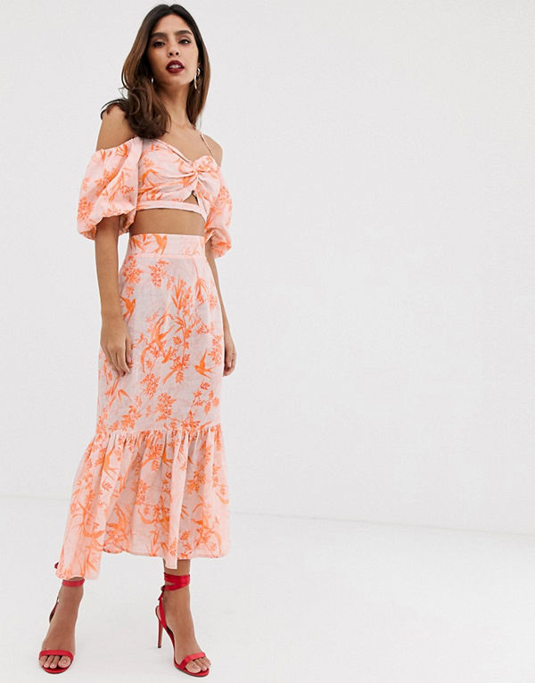 ASOS Edition Mönstrad midikjol med peplumfåll Tryck