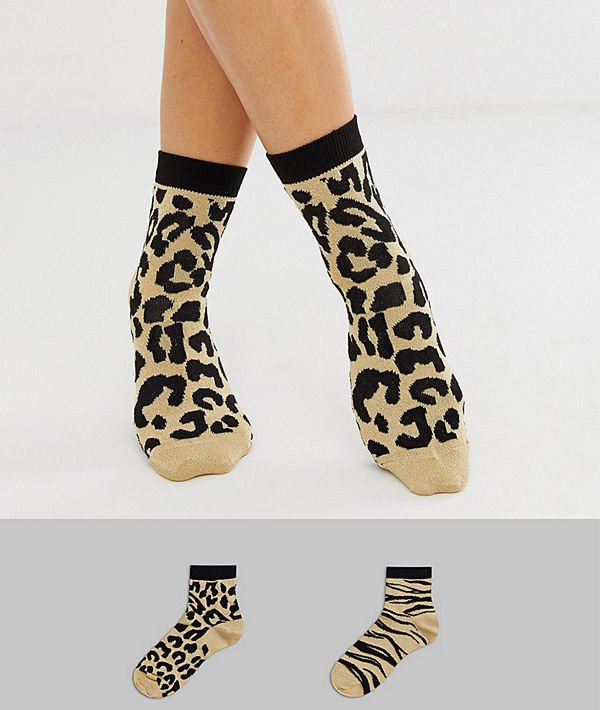 ASOS DESIGN 2-pack leopard och zebramönstrade strumpor med glitter