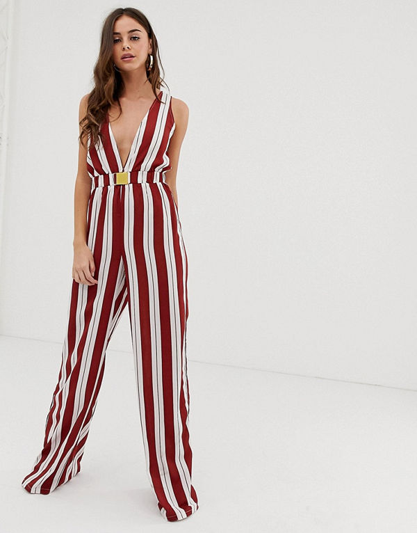 PrettyLittleThing Gräddvit och rödrandig jumpsuit med skärp
