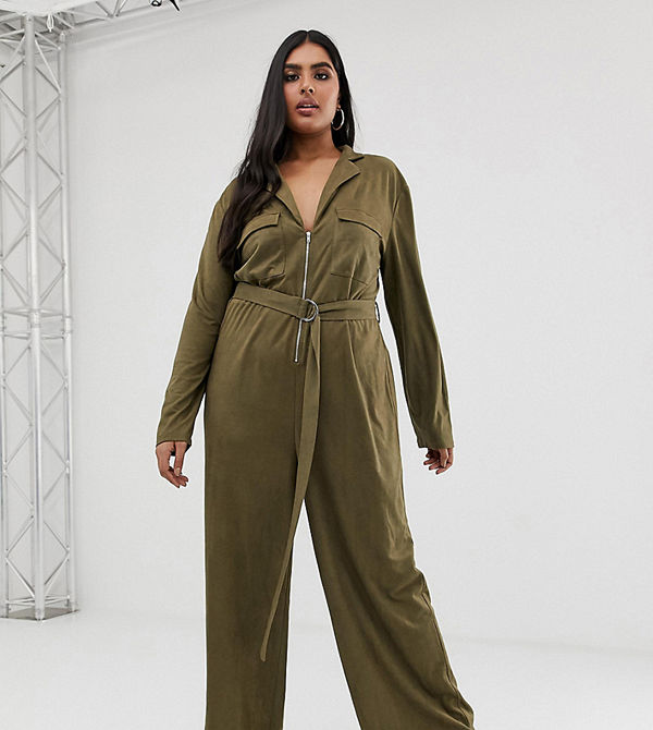 PrettyLittleThing Plus Kakifärgad overall med dragkedja Kakifärgad
