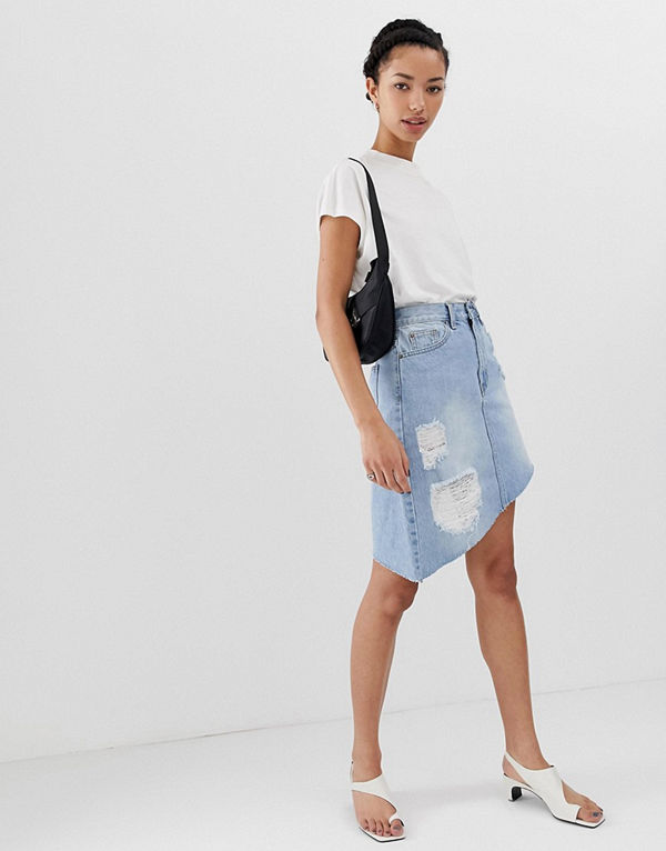 Dr. Denim Jeanskjol med asymmetrisk råkant Asymmetrisk blå