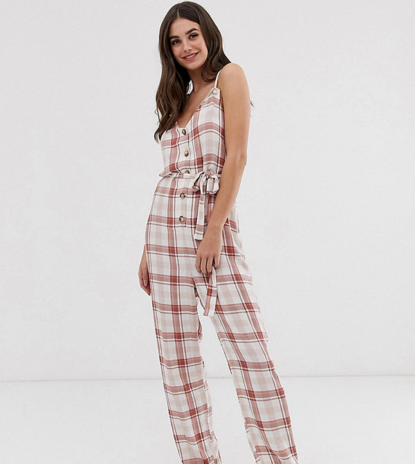 Asos Tall Rutig jumpsuit i avslappnad modell med axelband i rep och knäppning framtill Rutig