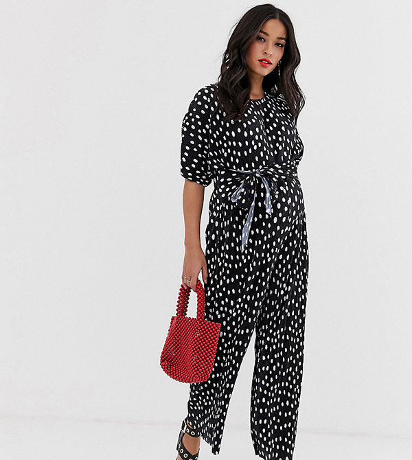 ASOS Maternity Prickig plisserad jumpsuit med knytning framtill Prickig