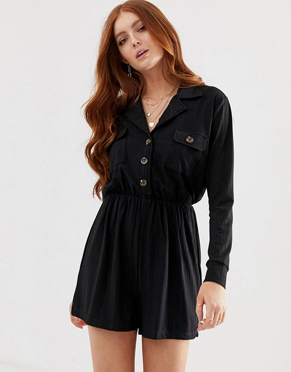ASOS DESIGN Playsuit i skjortmodell med lång ärm och knappar
