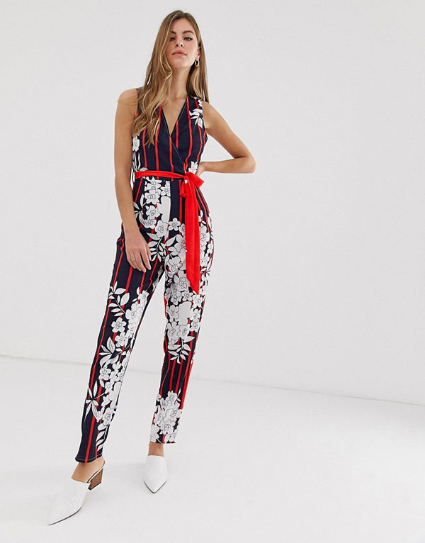 Parisian Jumpsuit med knytning i midjan och tropiskt skuggmönster Röd/marinblå