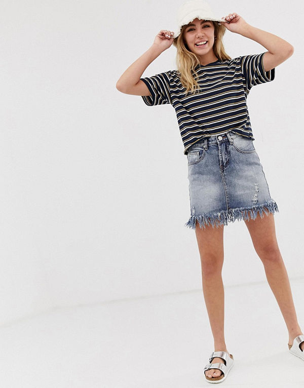Glamorous Minikjol i denim med råskuren fåll Blå stentvätt