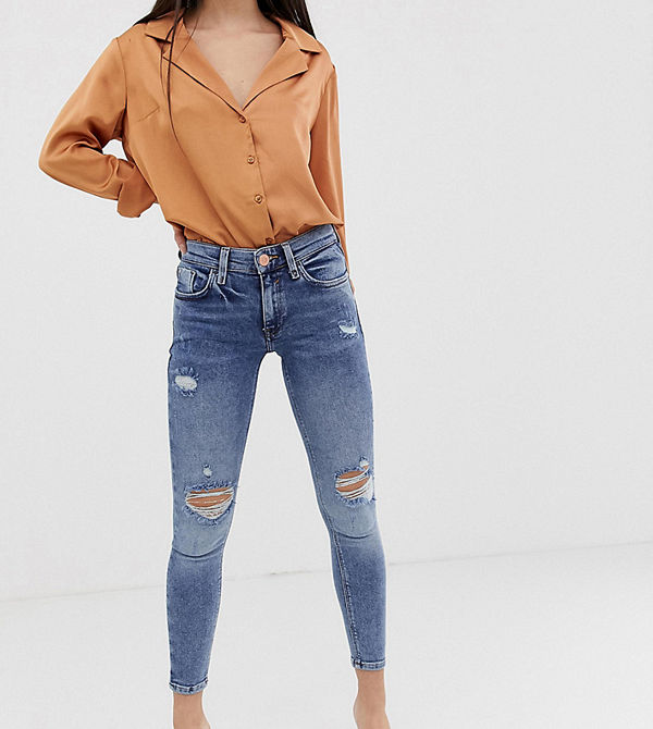 River Island Petite Amelie Mellanblå skinny jeans med revor