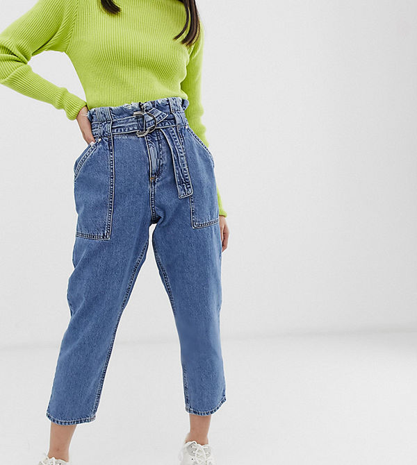 River Island Petite Mellanblå jeans med rynkad midja