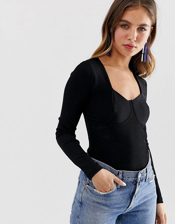 New Look Svart ribbad body med lång ärm