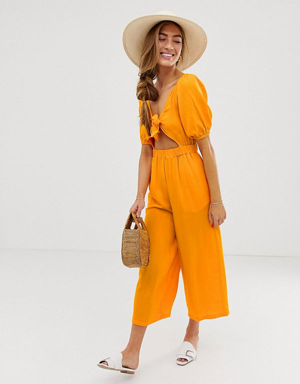 ASOS DESIGN Tea-jumpsuit med puffärm och knytdetalj