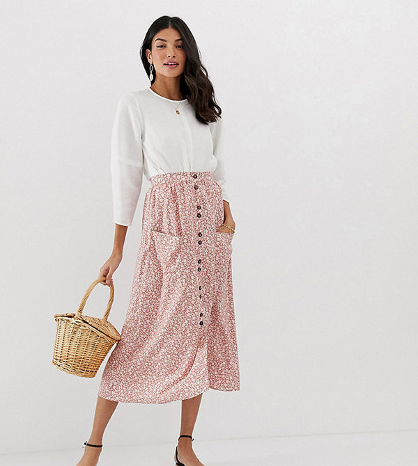Asos Tall Brun blommig midikjol med fickor och knappar framtill Rosa blommigt