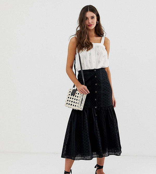 Asos Tall Broderad midikjol med sänkt midja Svart