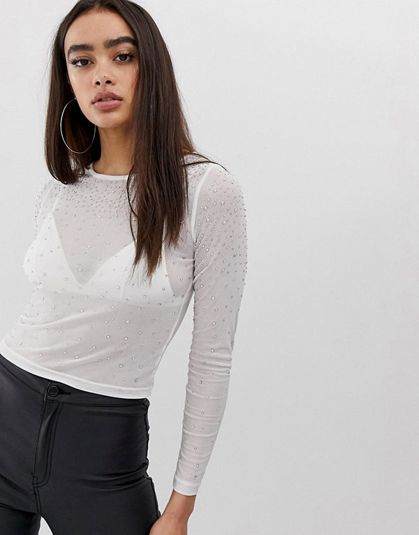 ASOS DESIGN Vit topp i mesh med skimrande kristallnitar