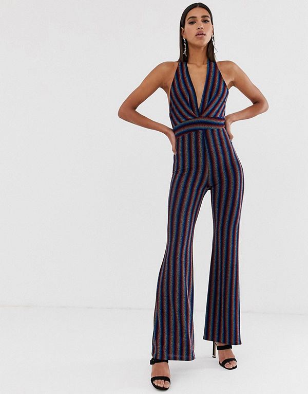 TFNC Jumpsuit med halterneckringning och regnbågsfärgade metallicränder Flerrandig