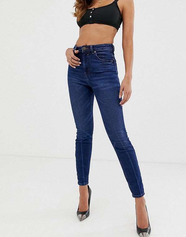 ASOS DESIGN Mörkt tvättade skinny jeans med extra hög midja Mörk stentvättad blå