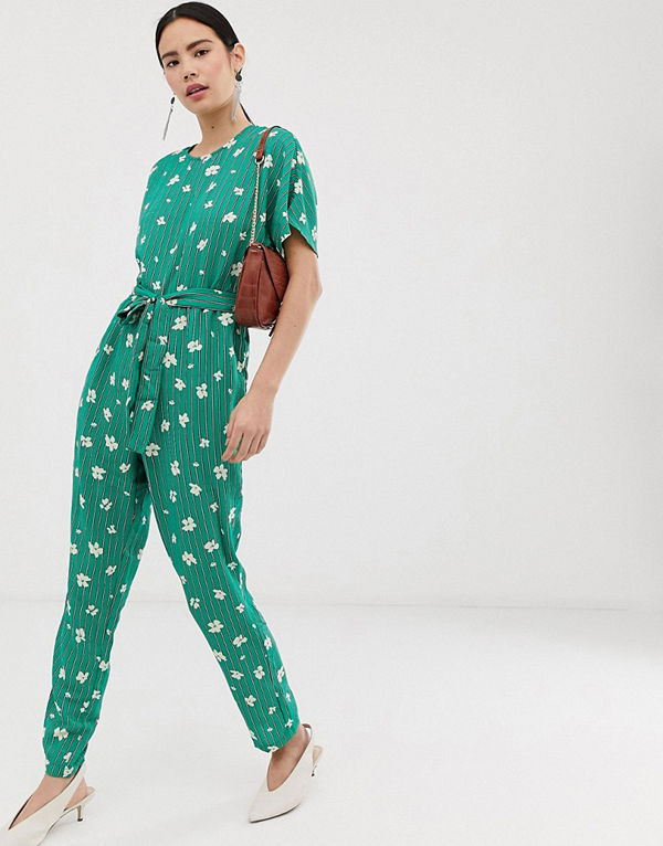 Pieces Elli Blommig jumpsuit med vida ben Peppargrön