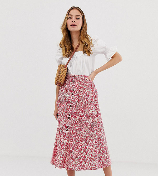 ASOS Petite Rödblommig midikjol med fickor och knäppning framtill Rödblommig