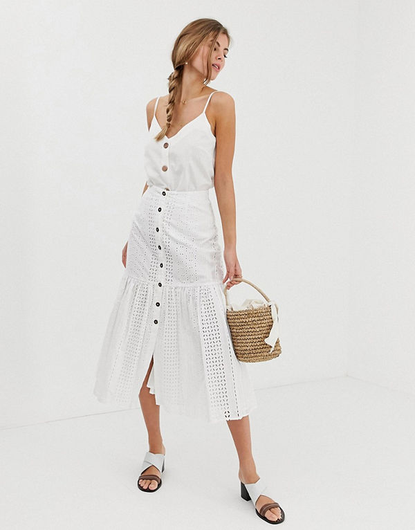 ASOS DESIGN Broderad midikjol med låg midja