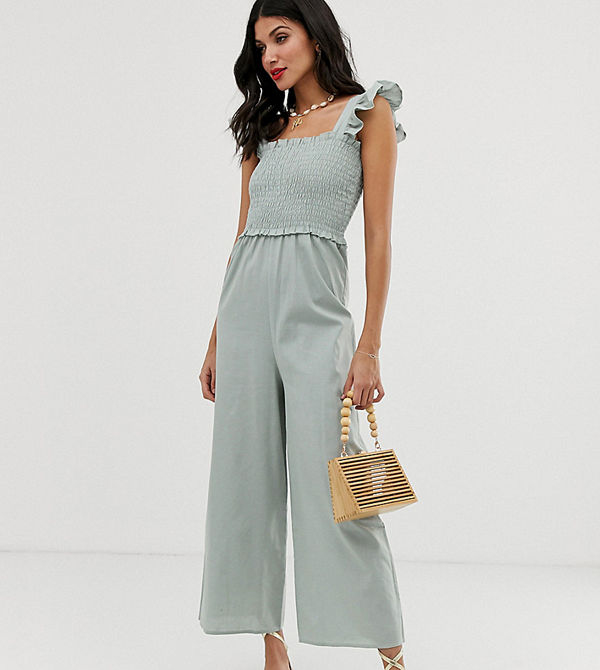 Asos Tall Jumpsuit med smock och volangärm Salviagrön