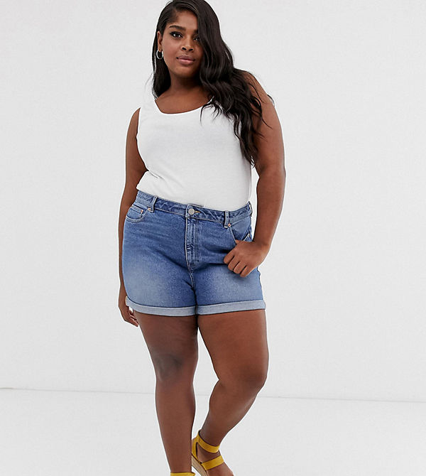 ASOS Curve Ritson Vintageblå jeansshorts i mom-modell Vintage-blå