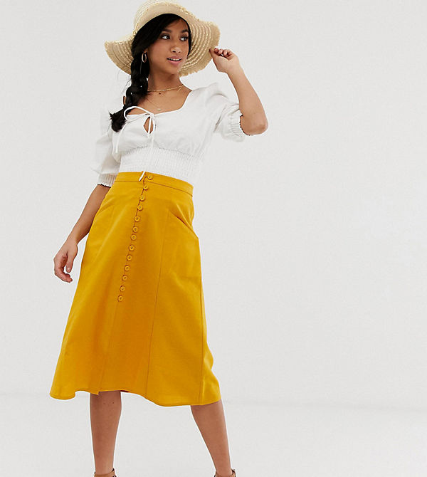ASOS Petite Midikjol med knappar framtill Mustard senapsgul