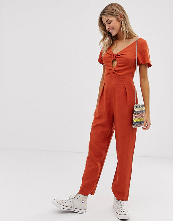 ASOS DESIGN Jumpsuit i linne med dubbla knutar och ben i pegmodell Terracotta